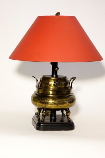 Sold - Brass Urn Lamp on Black Base, Custom Red Shade - 8920 - Rubbish Interiors Inc.