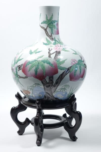 Accessories - Large White, Pink & Orange Floral Patterned Asian Vase on Wooden Stand - 8028 - Rubbish Interiors Inc.