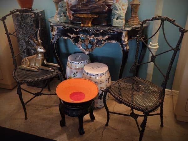 Sold - Regency Rope & Tassel Iron Side Chairs, a pair 10386 - Rubbish Interiors Inc.