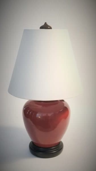 Sold - Small Burnt Orange Table Lamp w/ Custom Shade & Old Finial- 10535 - Rubbish Interiors Inc.