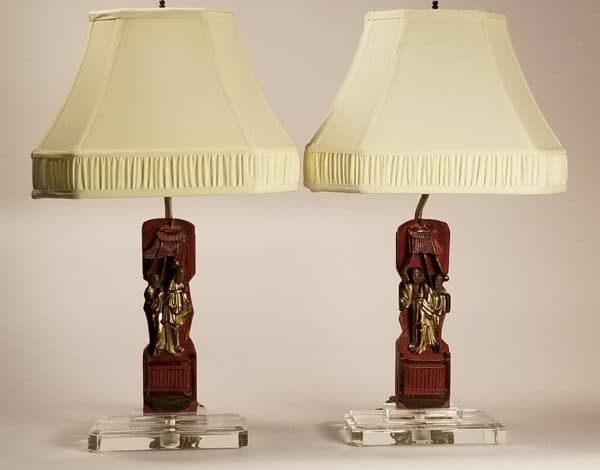 Lighting - Pair of Table Lamps, Asian Carvings on Lucite Base- 9442 - Rubbish Interiors Inc.