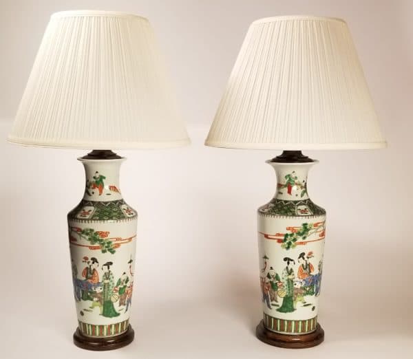 Lighting - Hand Painted Asian Lamps of Wooden Bases, a Pair - 10511 - Rubbish Interiors Inc.