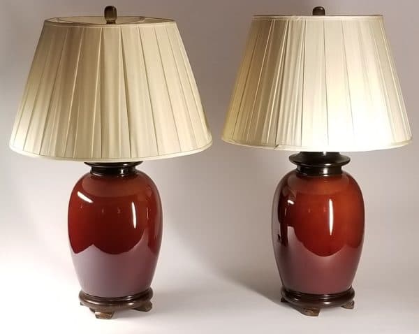 Lighting, Sold - Red Ginger Lamps on Wood Bases, a Pair, Vintage Shades - 9692 - Rubbish Interiors Inc.