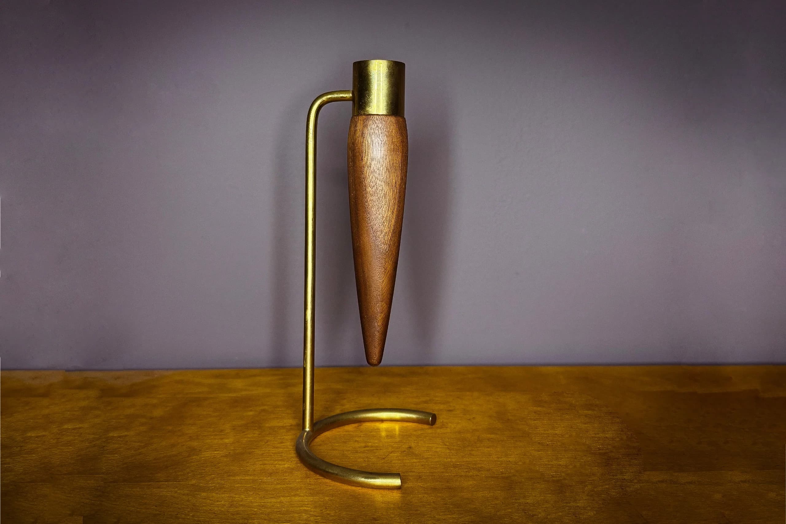 Midcentury Brass and Wood Candle Holder