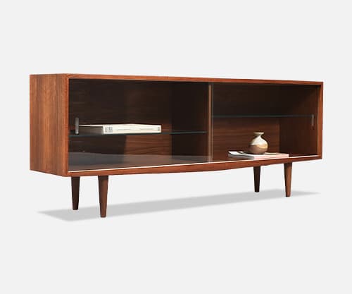 Mid Century Modern Low Walnut & Glass Bookcase Credenza
