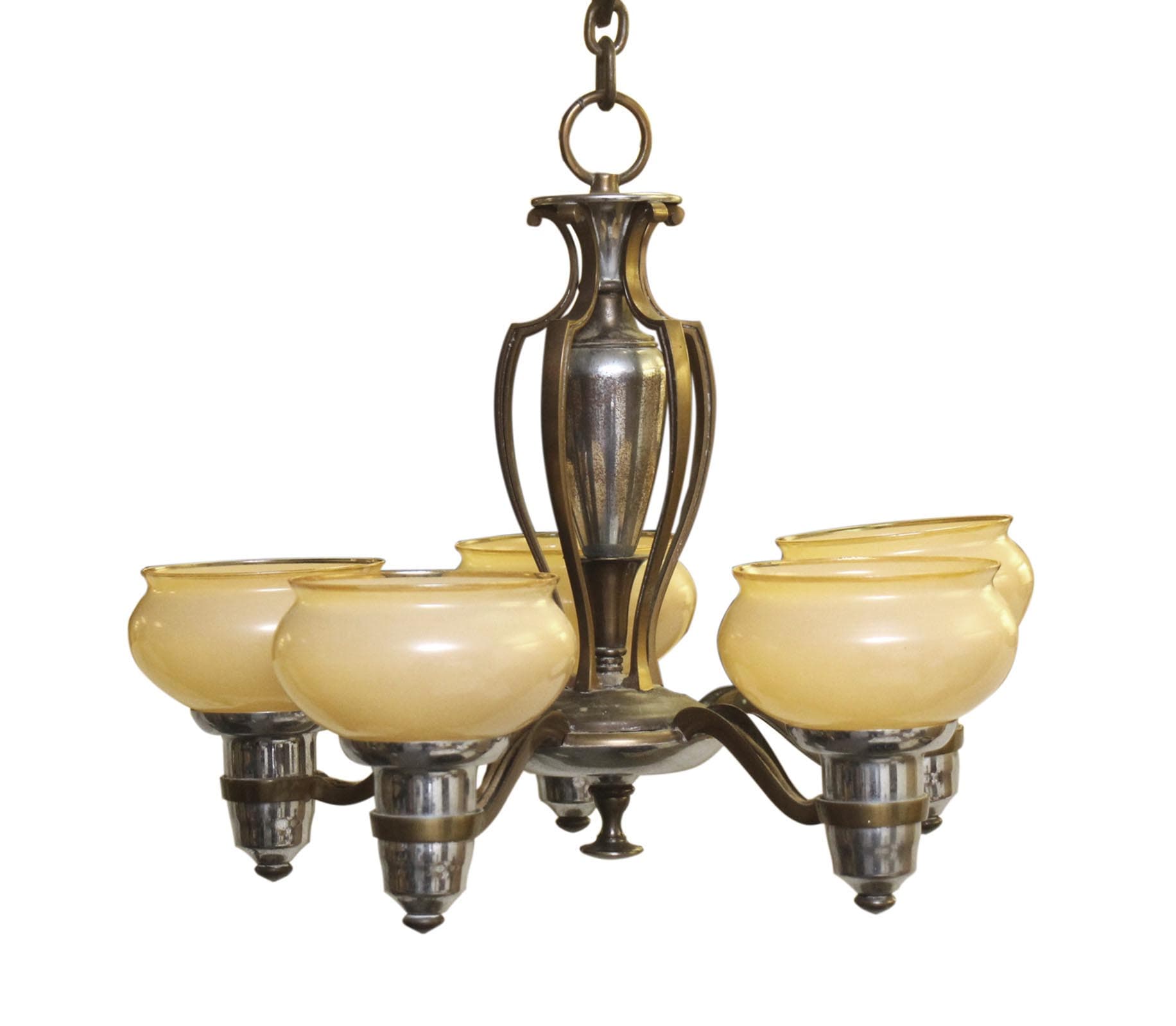 1930s chandelier with five glass slip shades and a central metal column, shown in a hanging view with one shade visibly cracked.