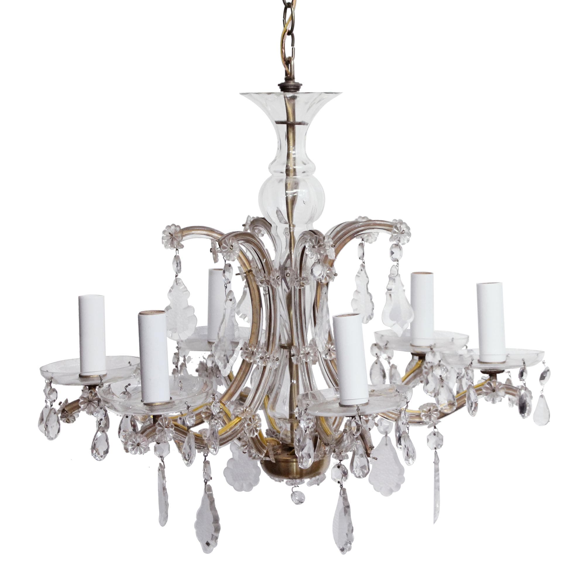 Restored Marie Therese chandelier with six candle arms, clear glass drops, and antique brass details.
