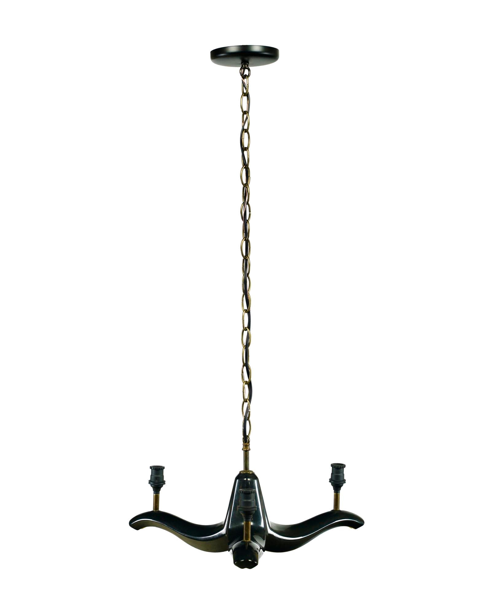 Modern three-arm chandelier with a black central body, black ceiling canopy, and yellow-lined arms hanging from a chain.