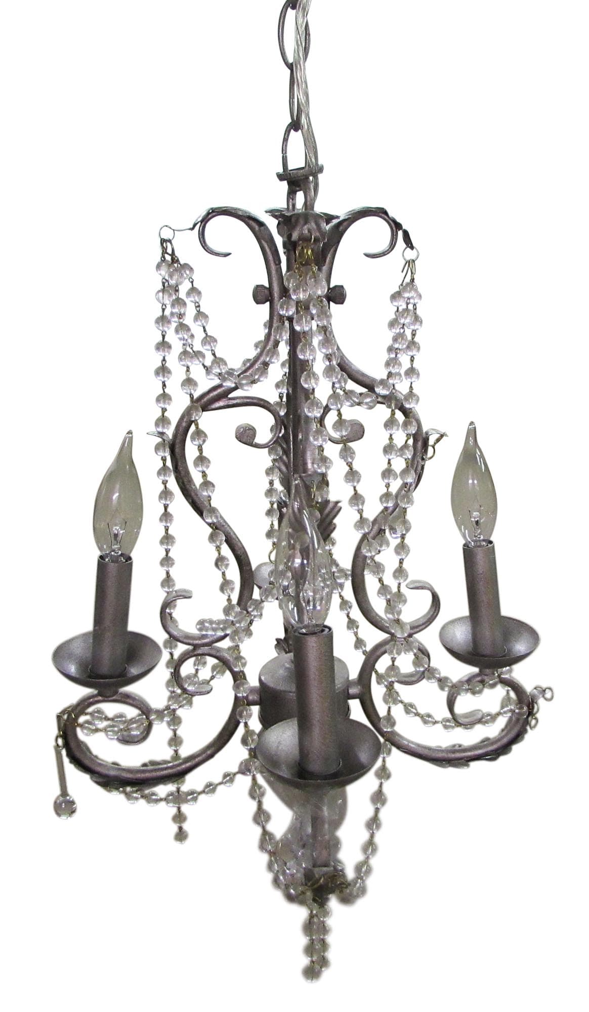Traditional four-arm silver chandelier with clear glass bead strands and candle-style light holders.