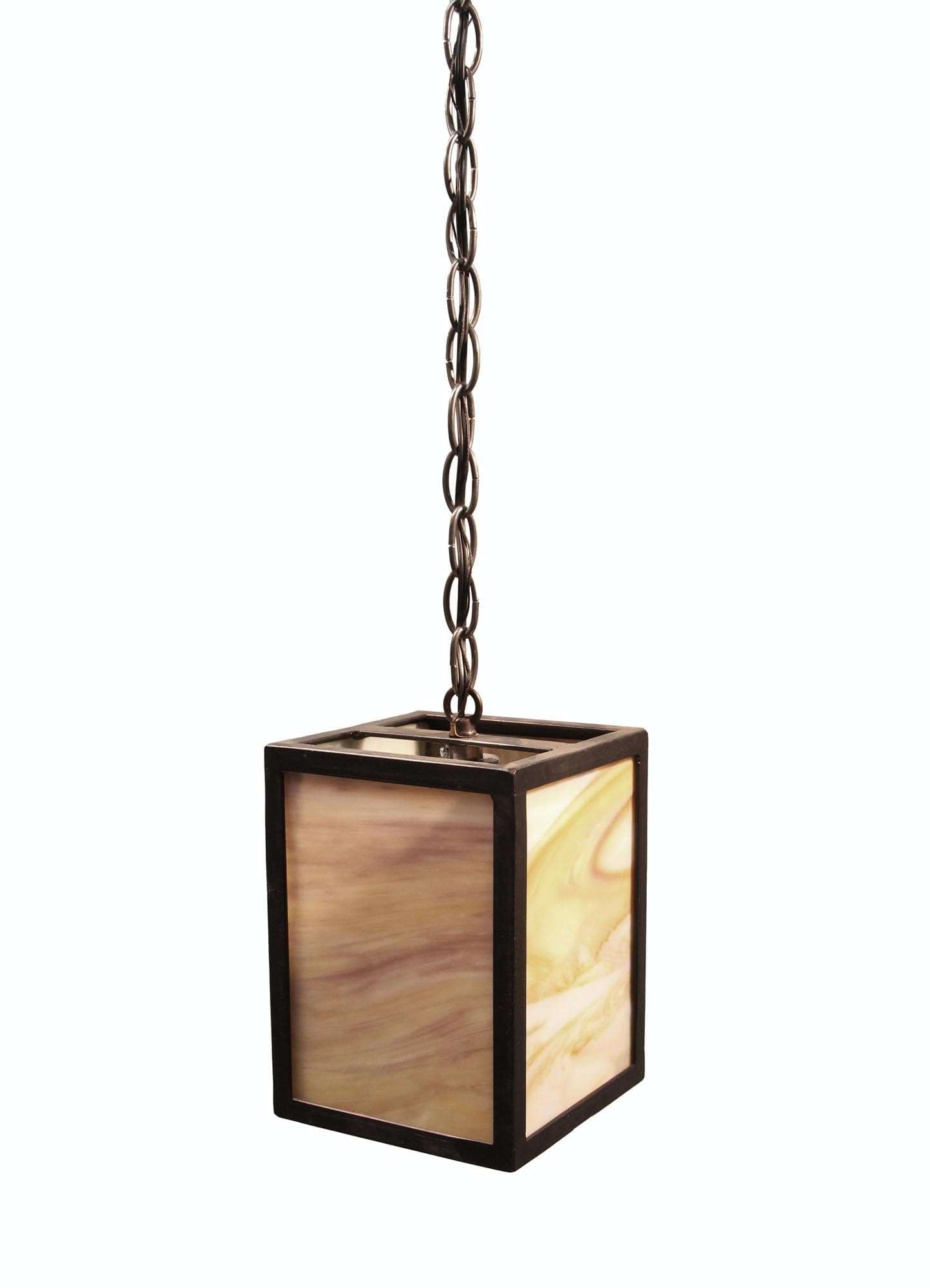 Modern pendant light with an orange stained glass shade in a black iron frame, shown hanging from a chain.