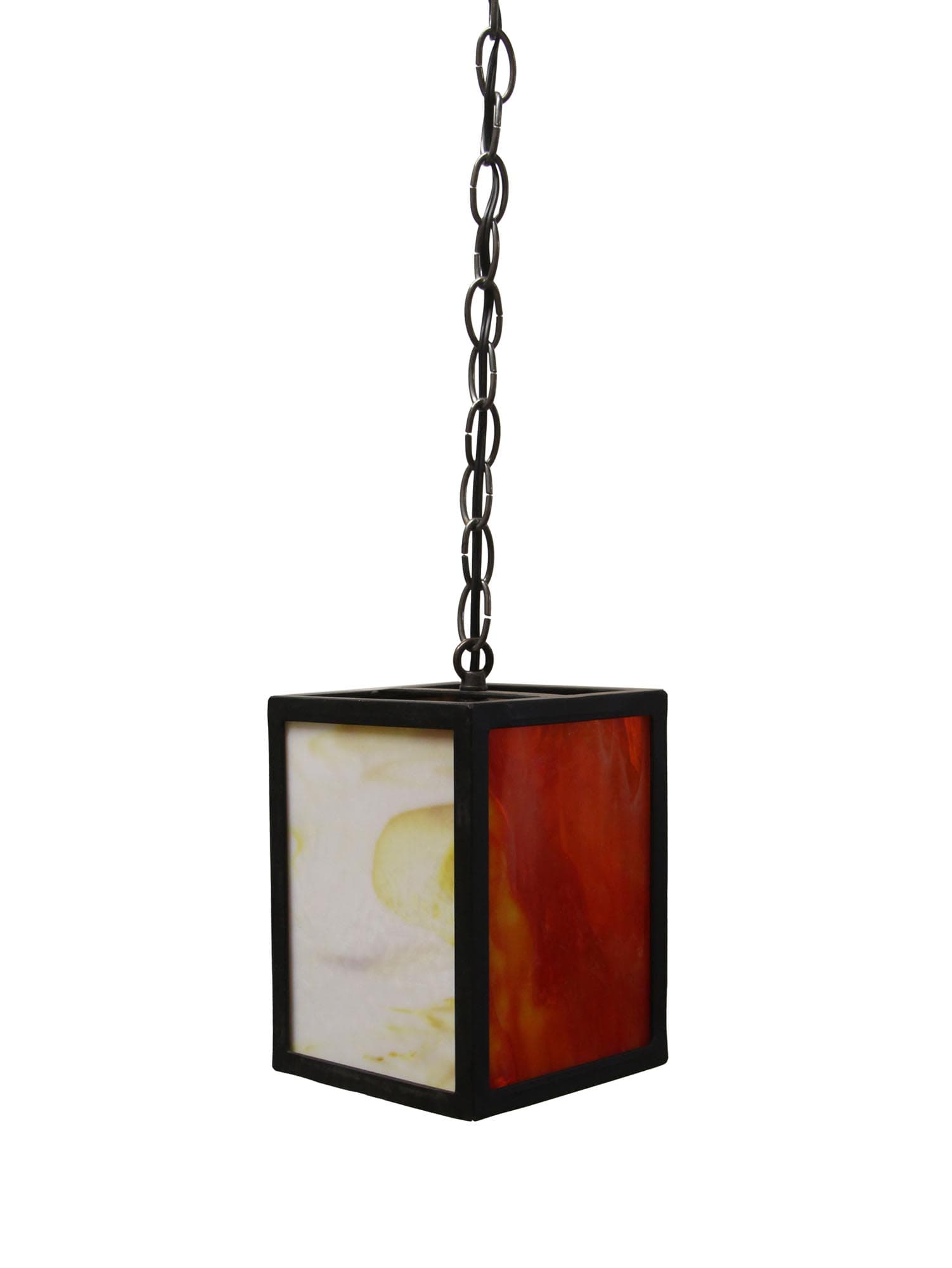 Hanging pendant light with a black iron frame and two visible stained glass panels in red and white.