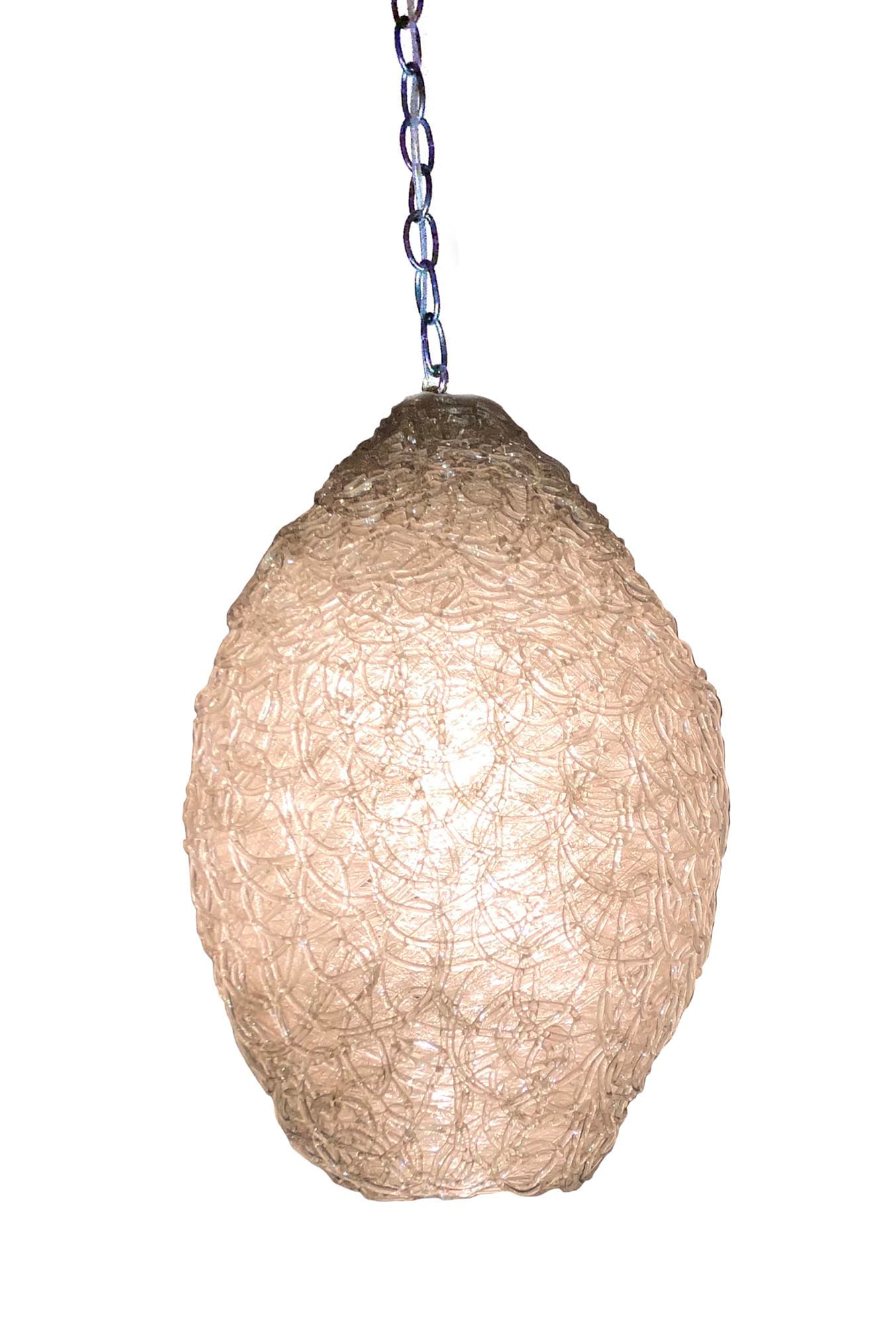 Clear spaghetti glass pendant light with an oval shade and hanging chain.