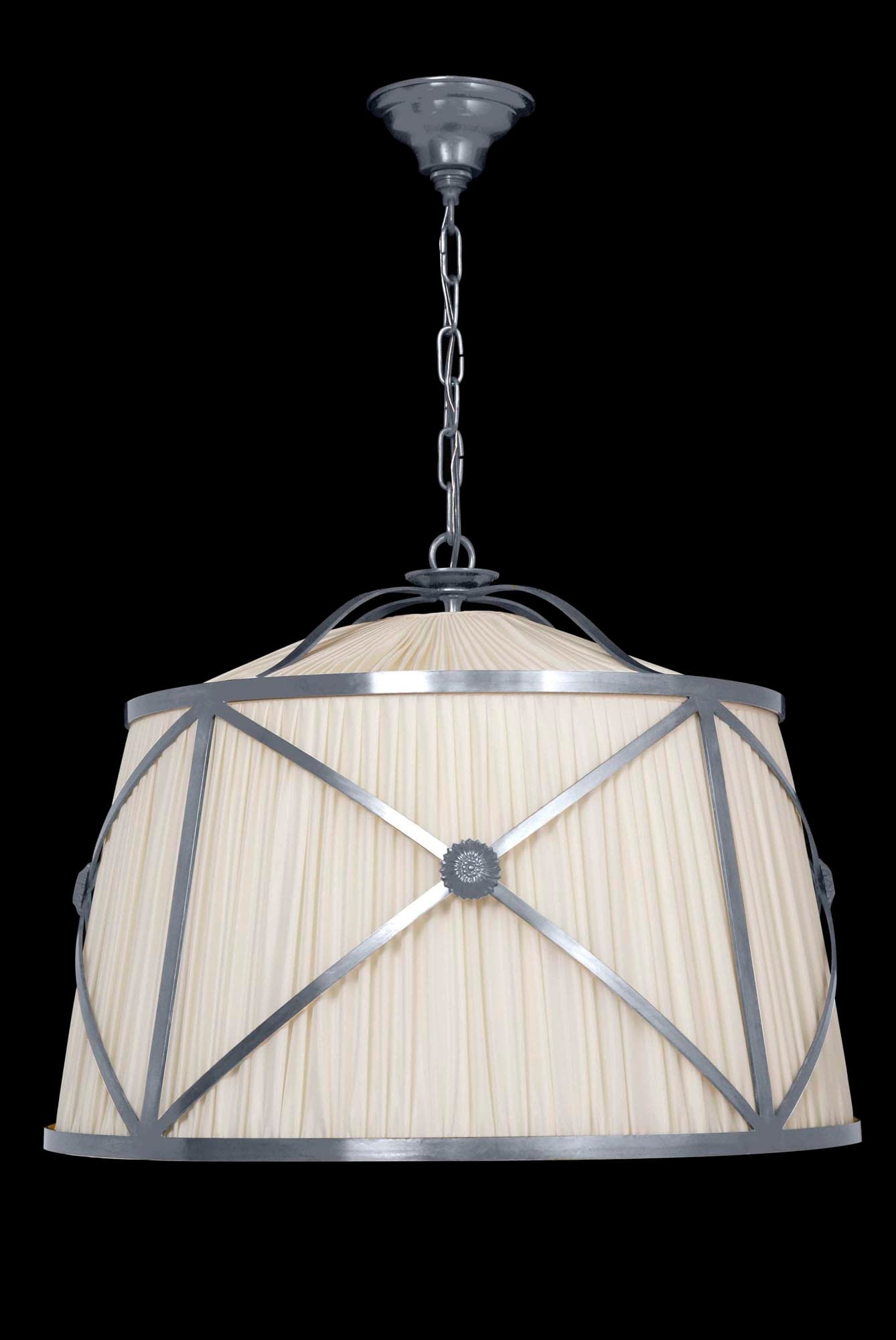 Modern nickel pendant light with a pleated linen drum shade, crosshatched frame, and chain hanger.