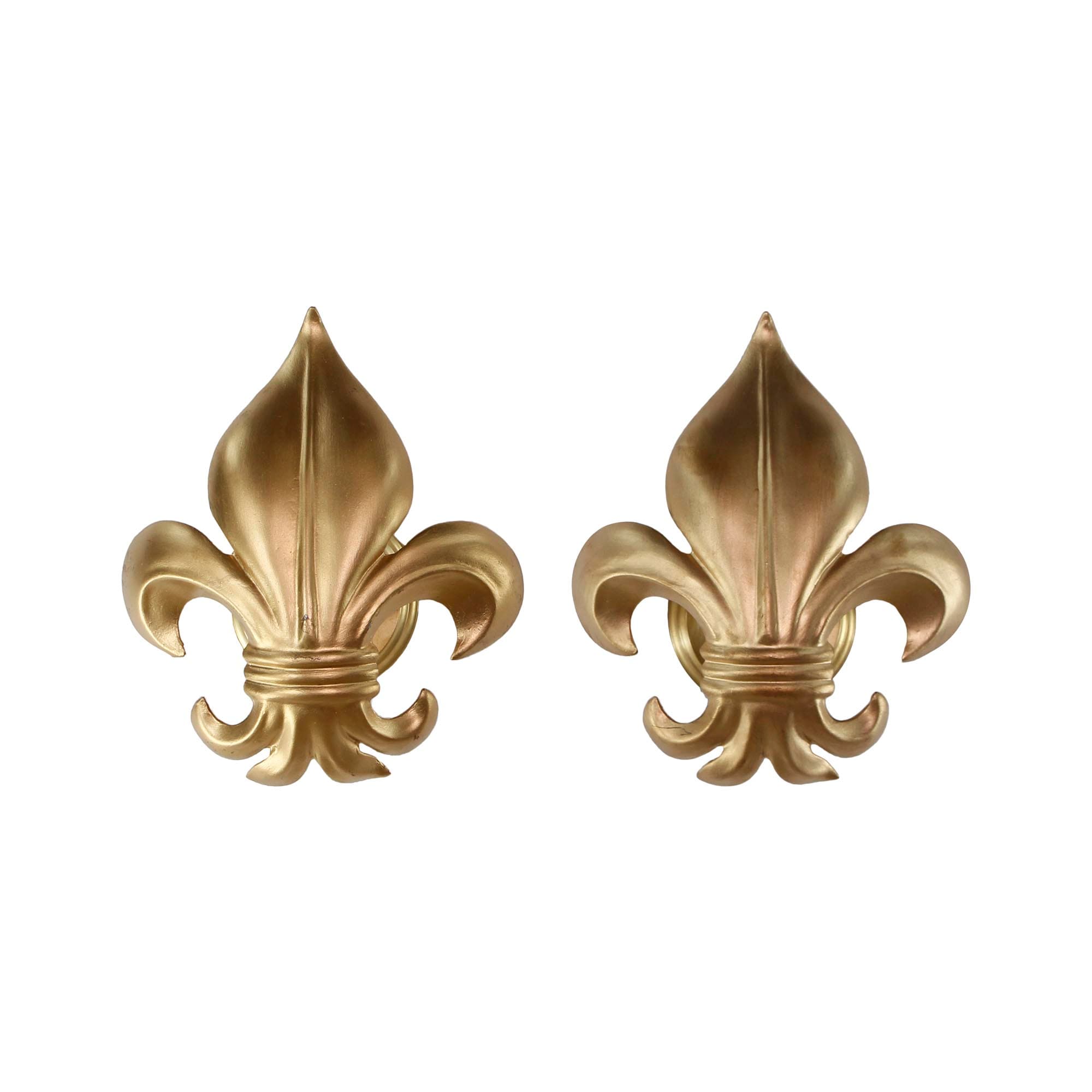 Pair of brass fleur de lis wall sconces shown as a matching pair in a front view.