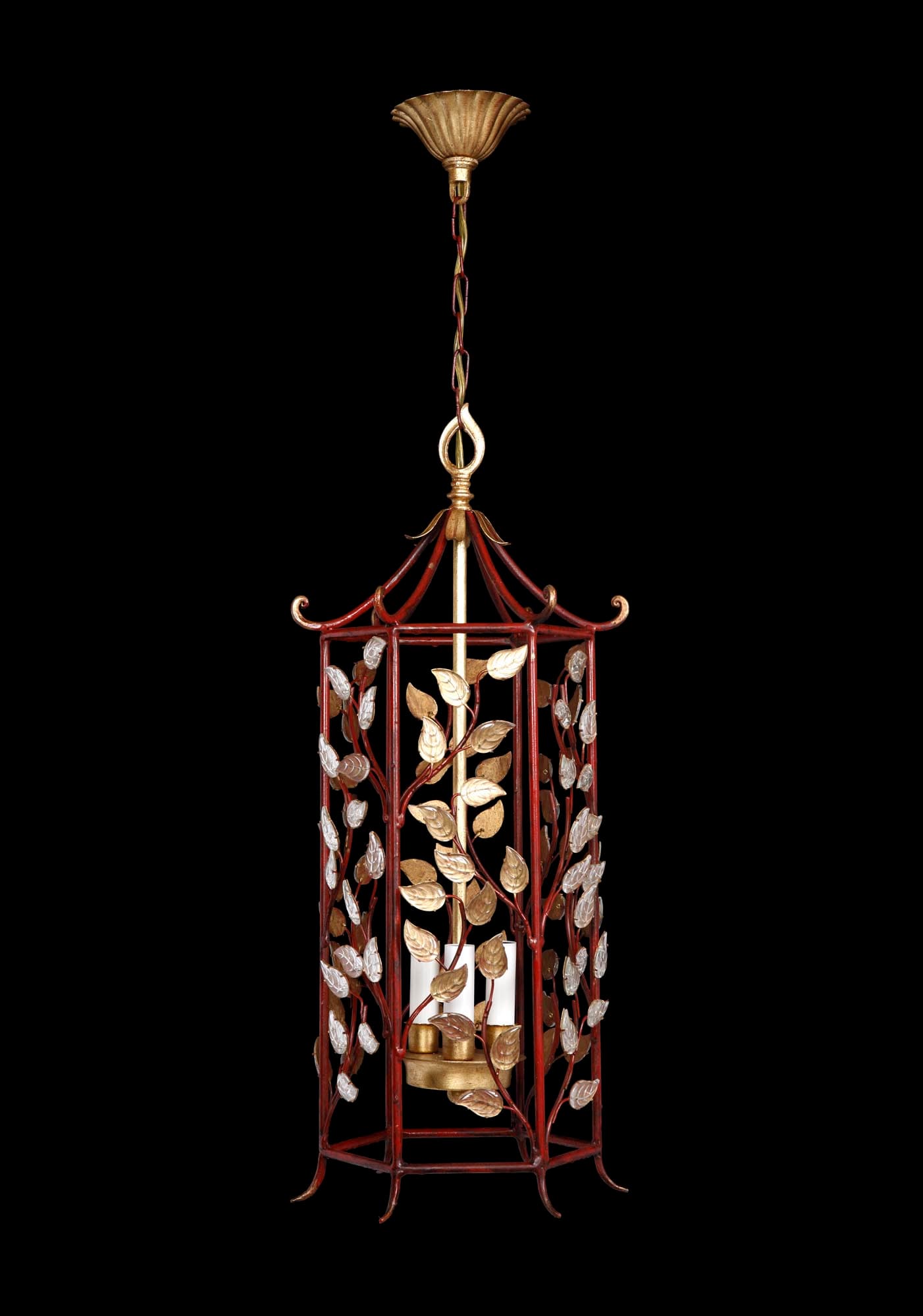 Open hexagonal lantern with red wrought iron frame, gold detailing, and crystal leaf panels, shown hanging by its chain.