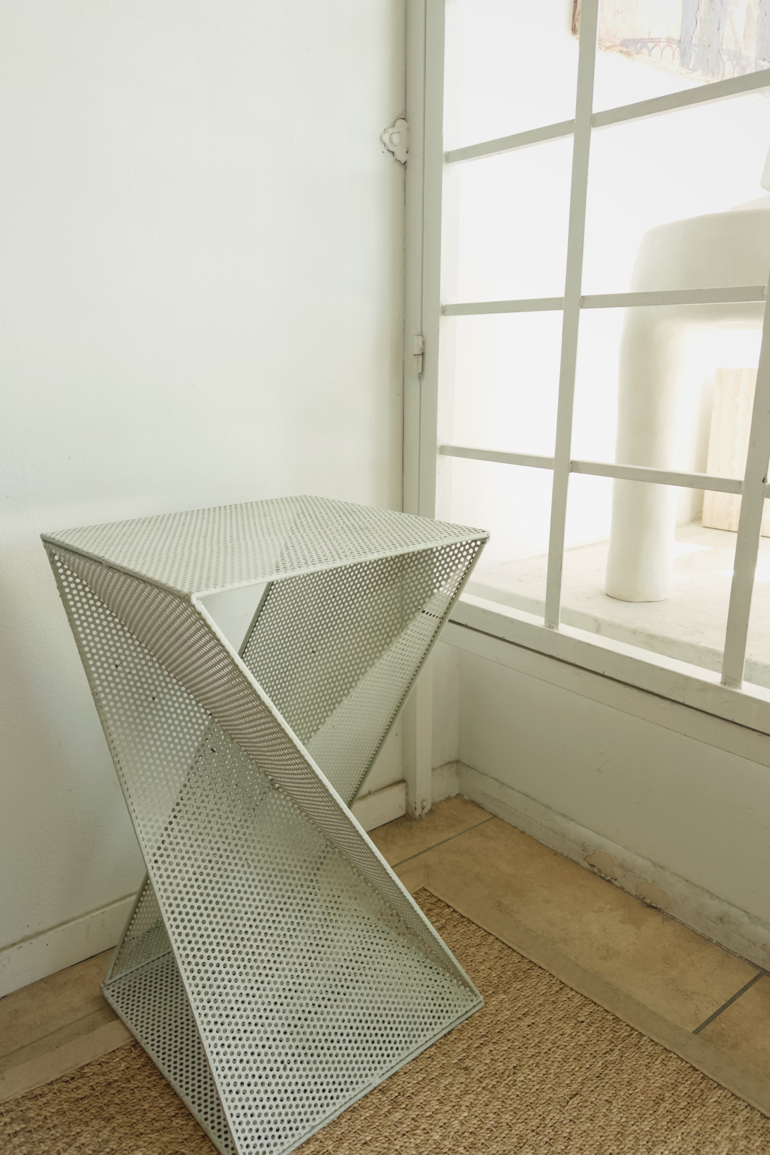 MCM Perforated White Metal Pedestal Table