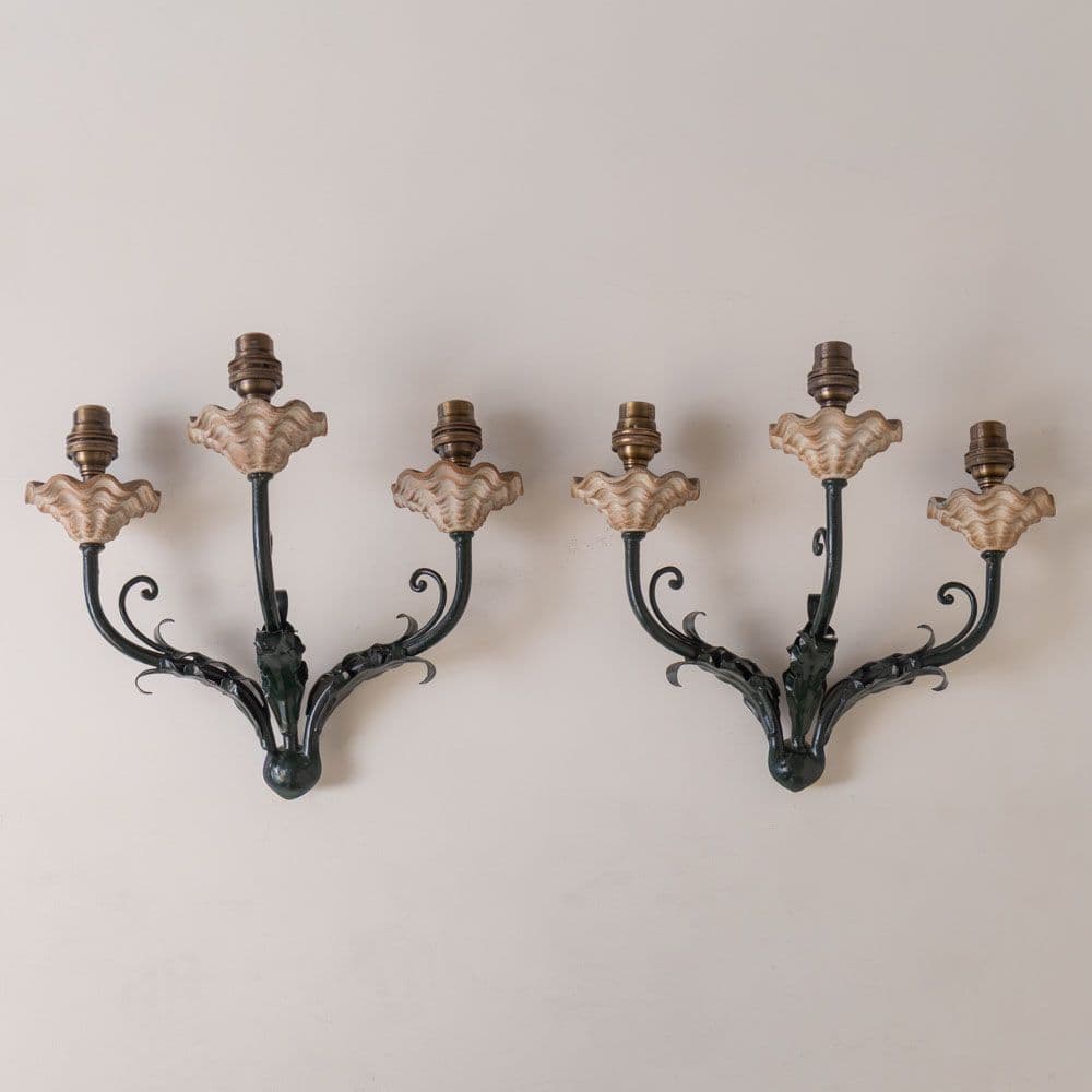 Pair of French Floral Painted Iron Sconces - ON HOLD