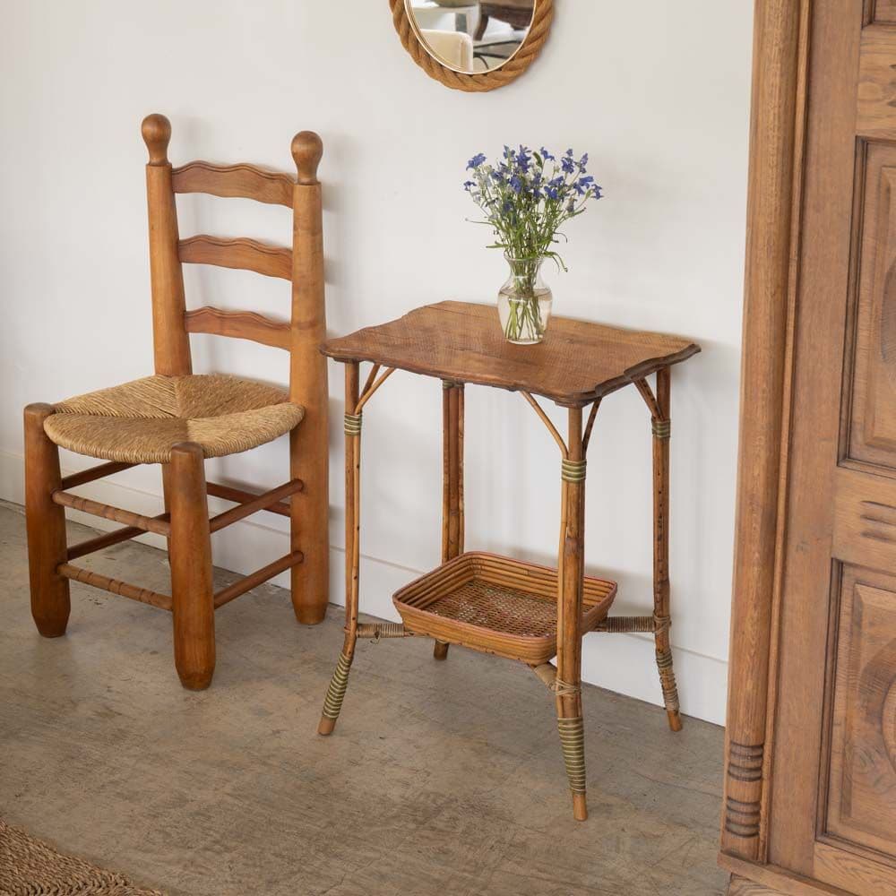 1950s French Woven Wicker and Wood Table