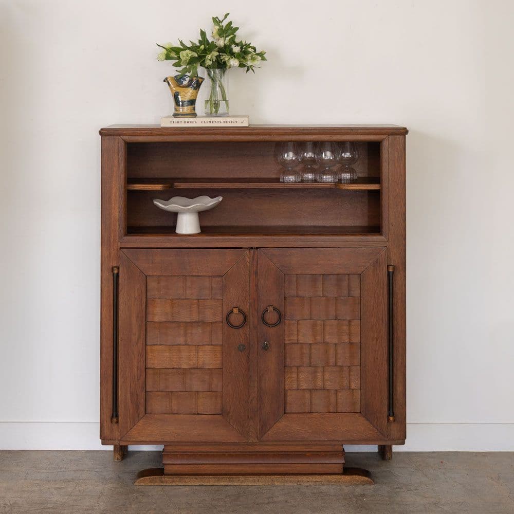 1940s French Woven Wood Bar Cabinet