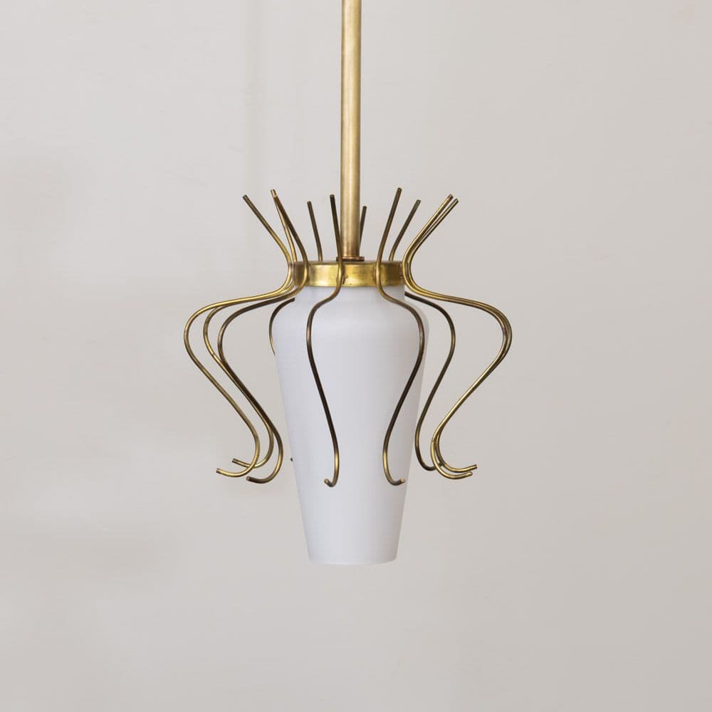 Italian Brass and White Glass Pendant Light