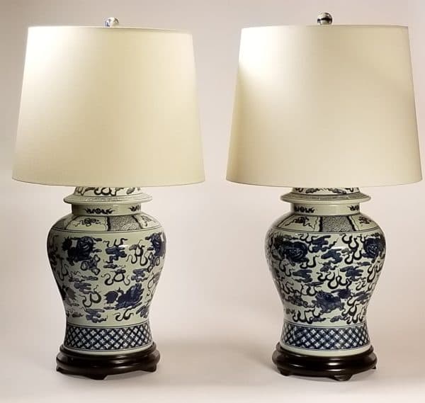 Lighting, Sold - Blue & White Porcelain Lamps, a Pair -10394 - Rubbish Interiors Inc.