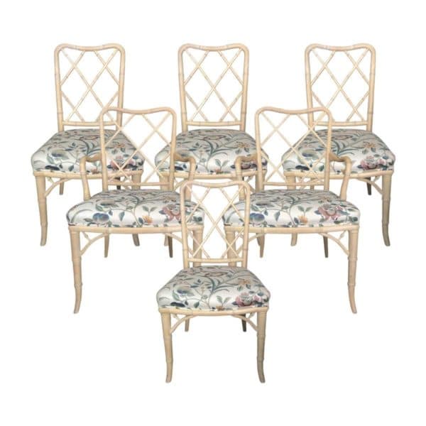 Seating, Sold - Louis G. Sherman Floral Faux Bamboo Dining Chairs 1974 - 10360 - Rubbish Interiors Inc.
